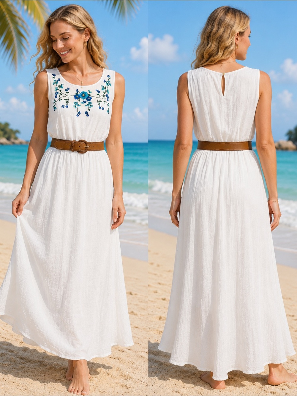 AGB Women's Maxi‎ Dress White w/Blue & Teal Embroidered Flowers Beach Wedding L
